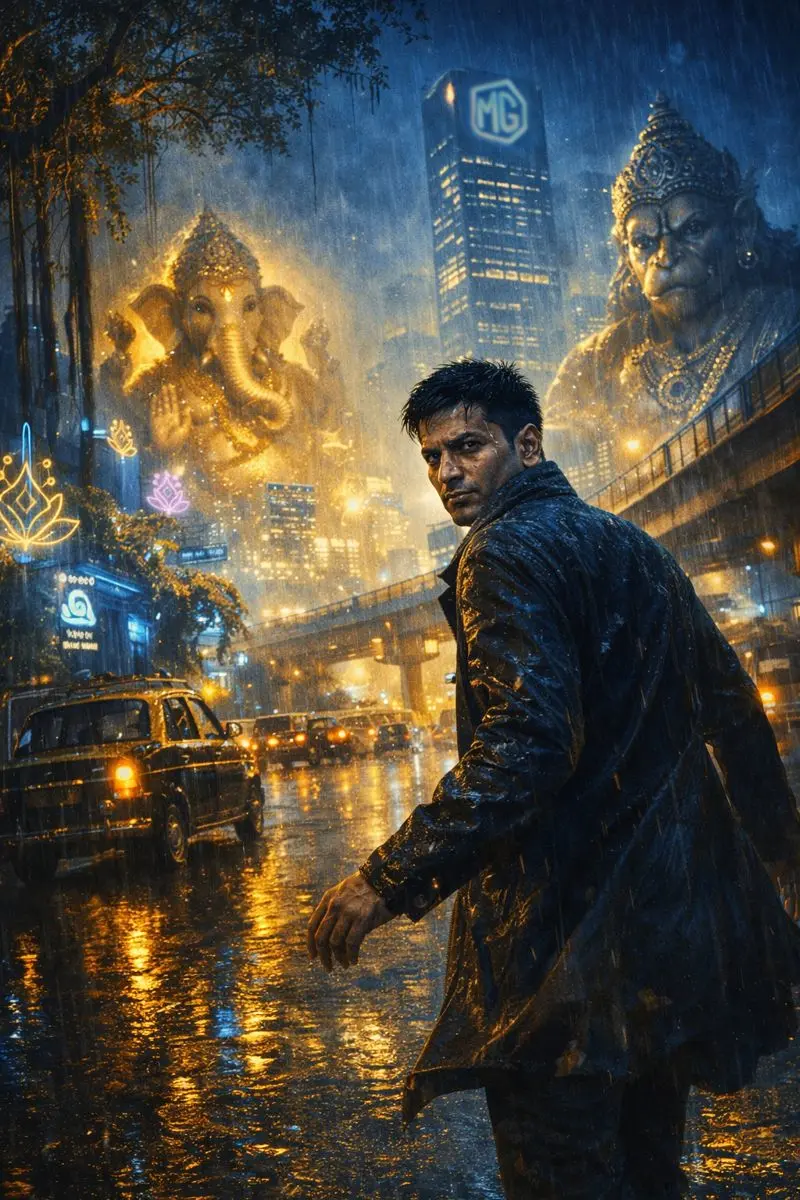 Inspector Krishna Mehta in the rain, gods looming behind him
