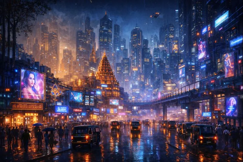 Mumbai cyberpunk cityscape