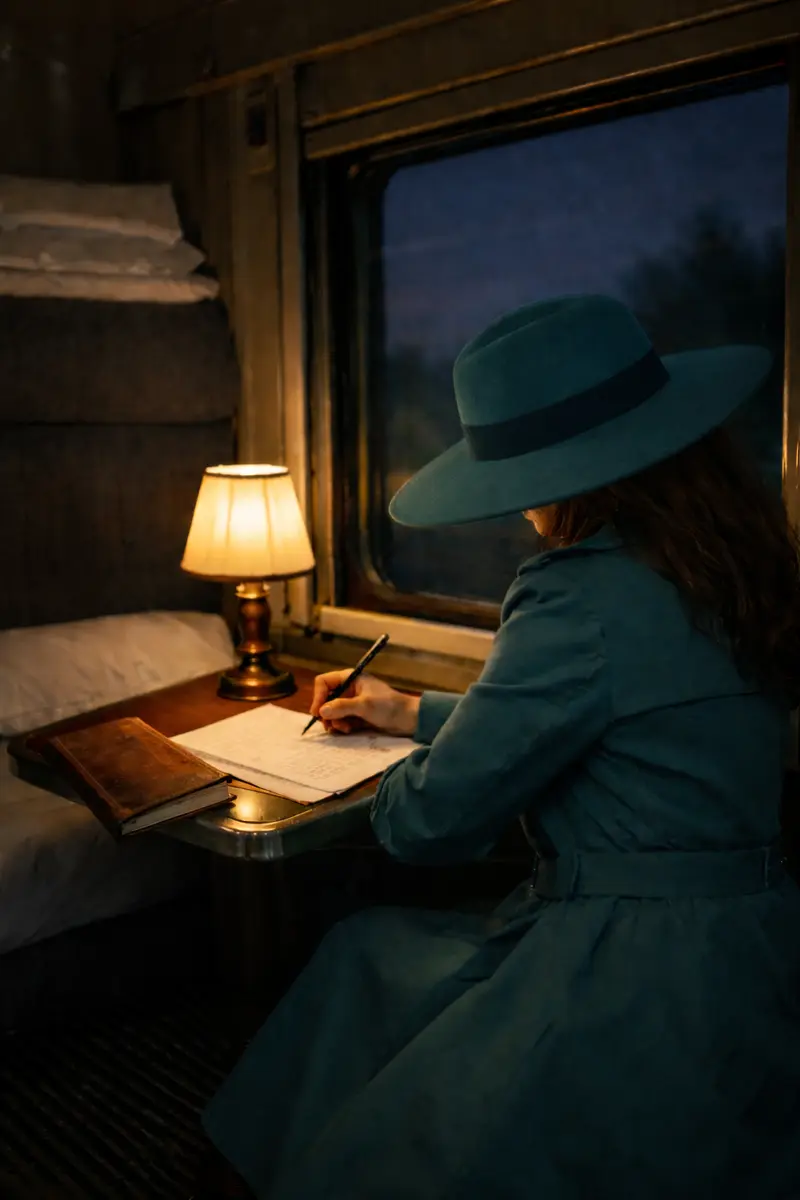 Nym Coy on a train, writing by lamplight
