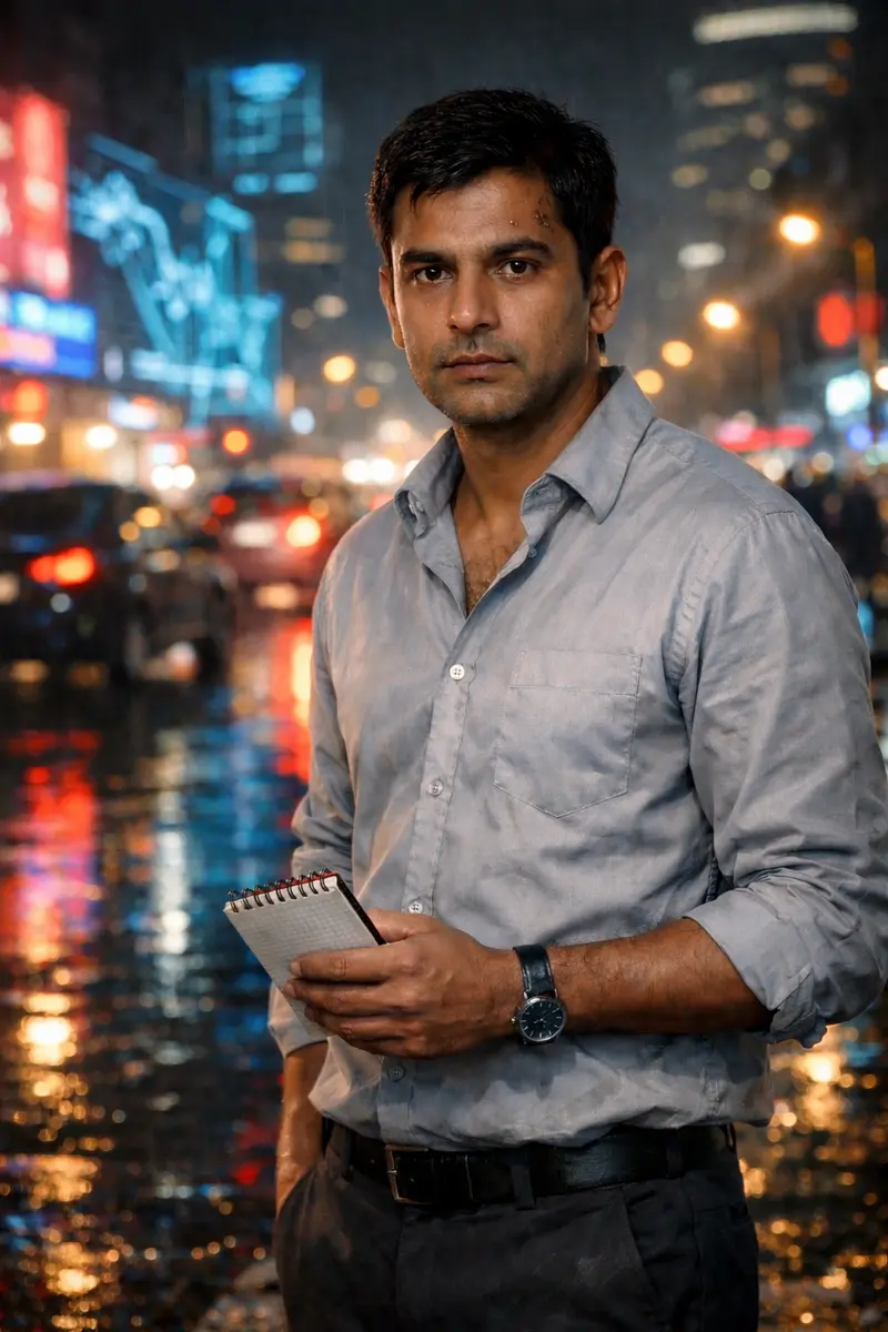 Inspector Krishna Mehta standing in the rain